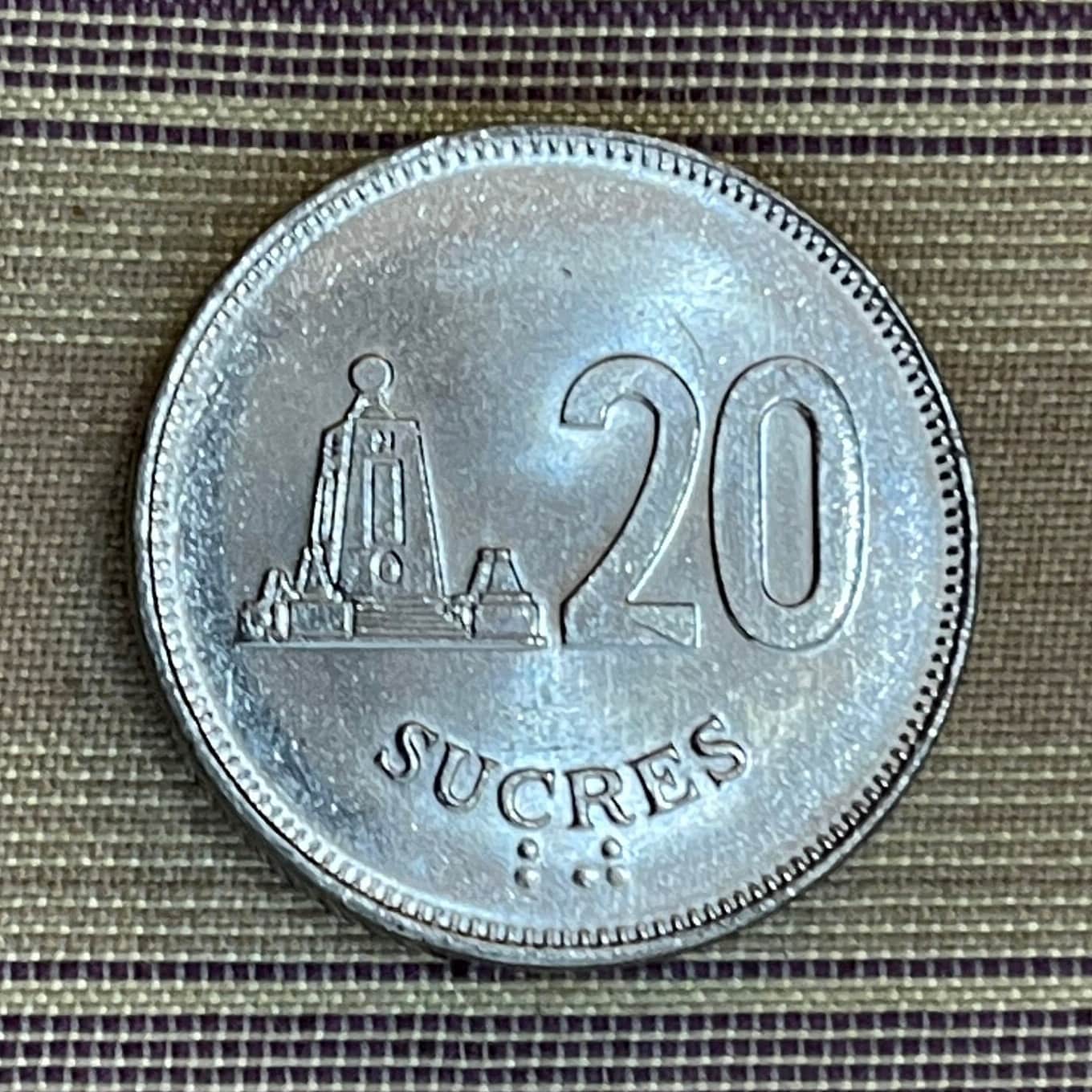 Monument to the Equator 20 Sucres Ecuador Authentic Coin Money for Jewelry and Craft Making (Middle of the World City) (Mitad del Mundo)