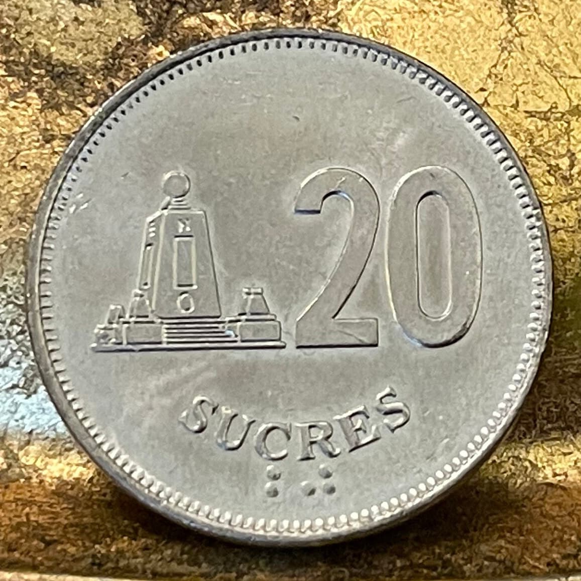 Monument to the Equator 20 Sucres Ecuador Authentic Coin Money for Jewelry and Craft Making (Middle of the World City) (Mitad del Mundo)