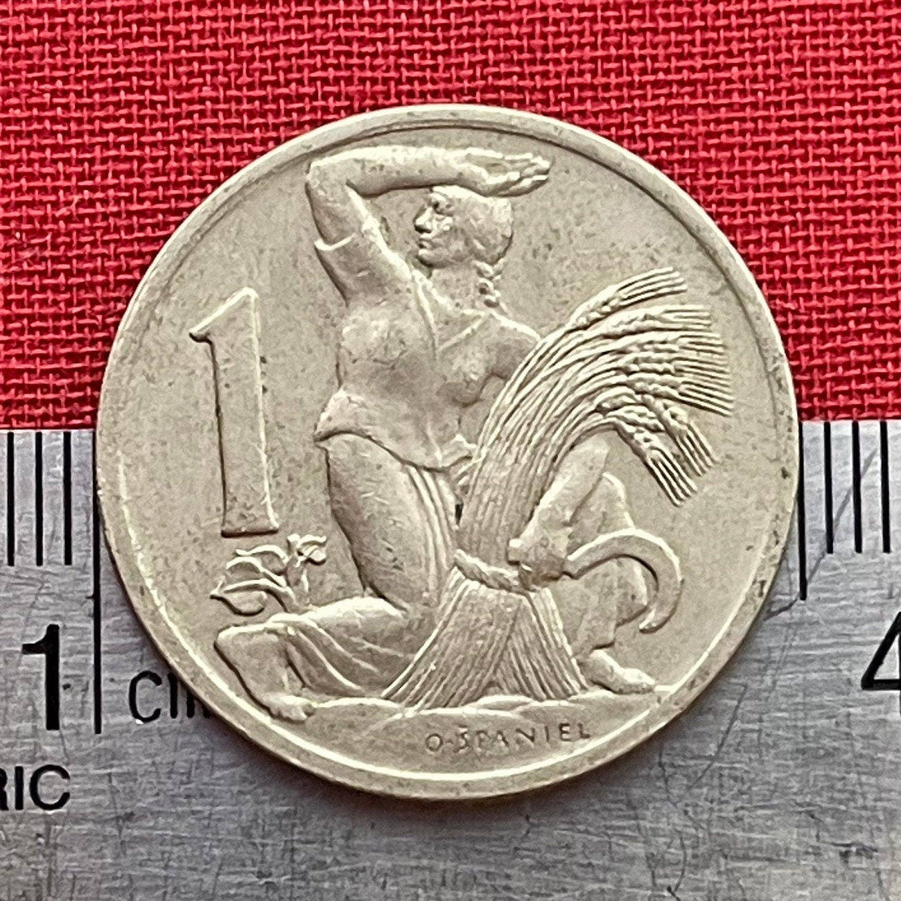 Woman Harvesting & Bohemian Lion 1 Koruna Czechoslovakia Authentic Coin Money for Jewelry (Otakar Spaniel) (Sheaf and Sickle) (Double-Tail)