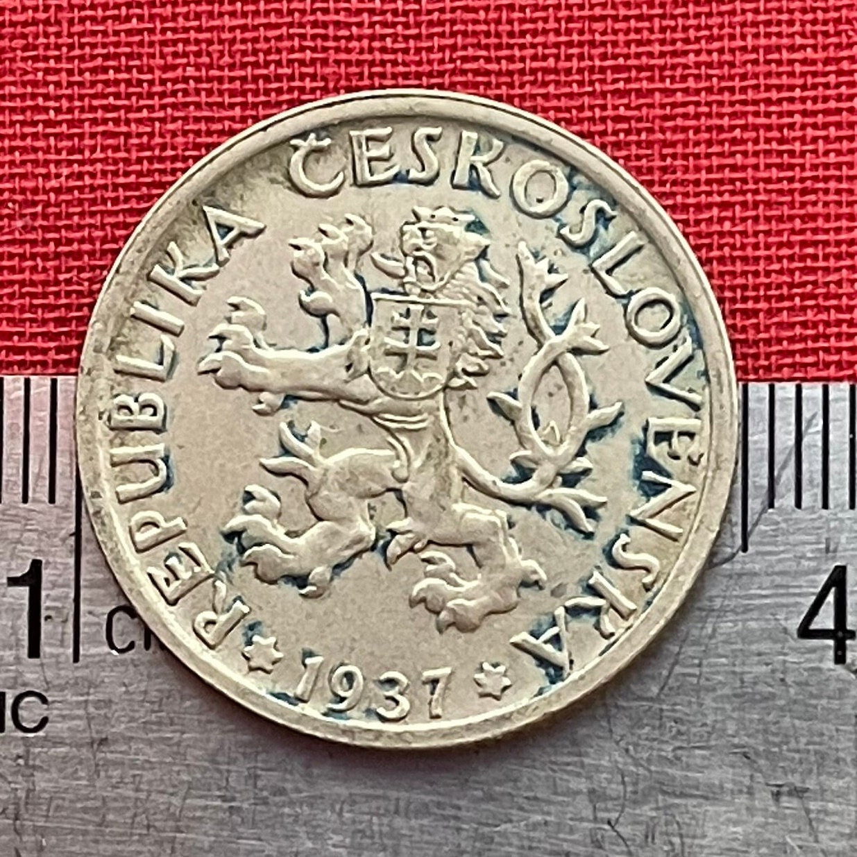 Woman Harvesting & Bohemian Lion 1 Koruna Czechoslovakia Authentic Coin Money for Jewelry (Otakar Spaniel) (Sheaf and Sickle) (Double-Tail)