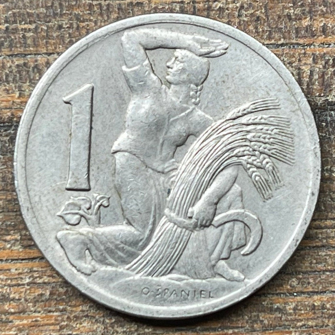 Woman Harvesting & Bohemian Lion 1 Koruna Czechoslovakia Authentic Coin Money for Jewelry (Otakar Spaniel) (Sheaf and Sickle) (Double-Tail)