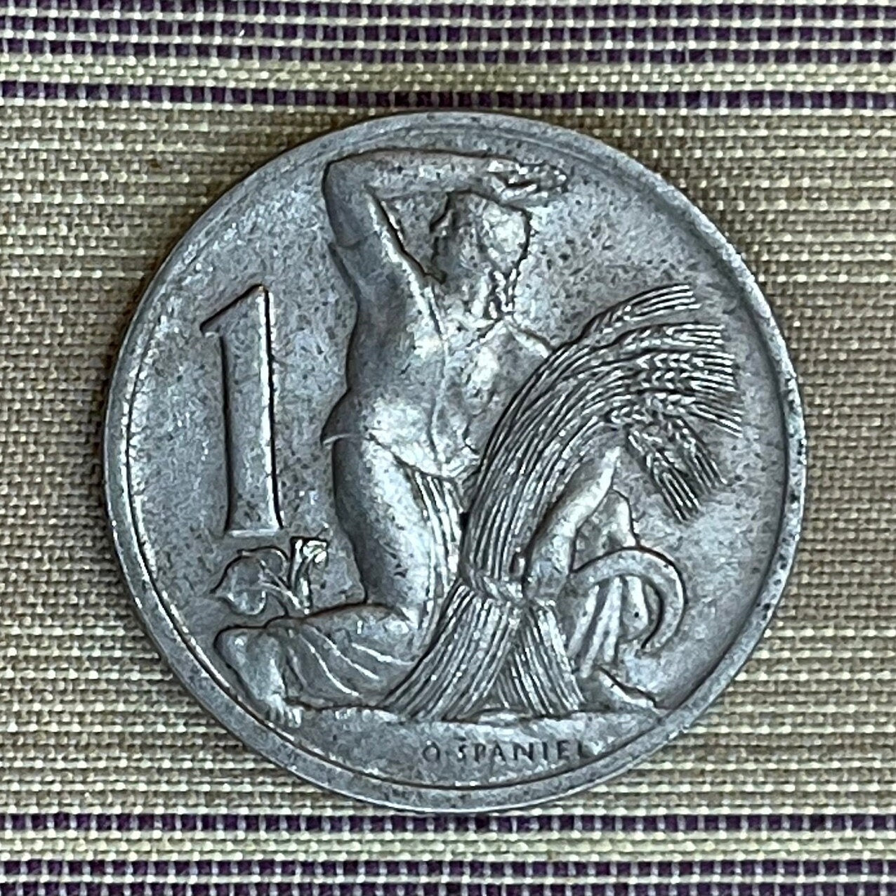 Woman Harvesting & Bohemian Lion 1 Koruna Czechoslovakia Authentic Coin Money for Jewelry (Otakar Spaniel) (Sheaf and Sickle) (Double-Tail)