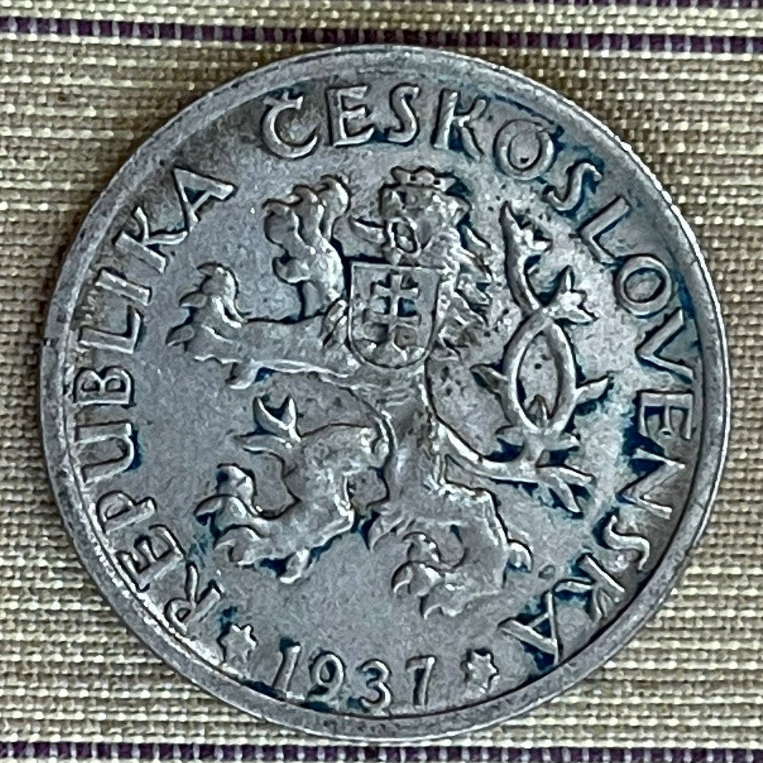 Woman Harvesting & Bohemian Lion 1 Koruna Czechoslovakia Authentic Coin Money for Jewelry (Otakar Spaniel) (Sheaf and Sickle) (Double-Tail)