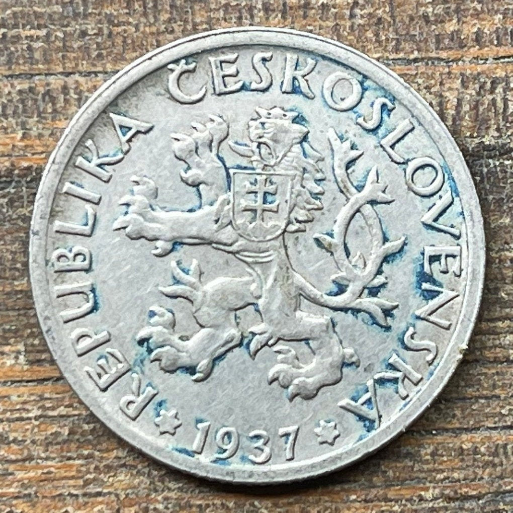 Woman Harvesting & Bohemian Lion 1 Koruna Czechoslovakia Authentic Coin Money for Jewelry (Otakar Spaniel) (Sheaf and Sickle) (Double-Tail)