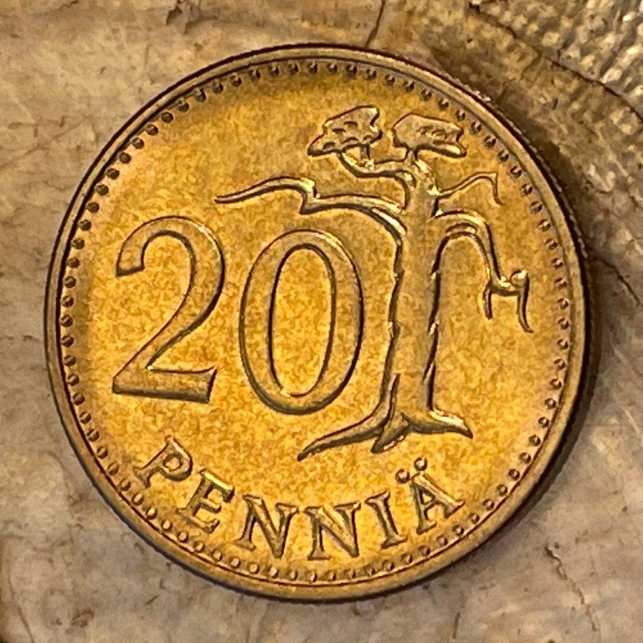 Stylized Tree & Rampant Lion 20 Penniä Finland Authentic Coin Money for Jewelry and Craft Making