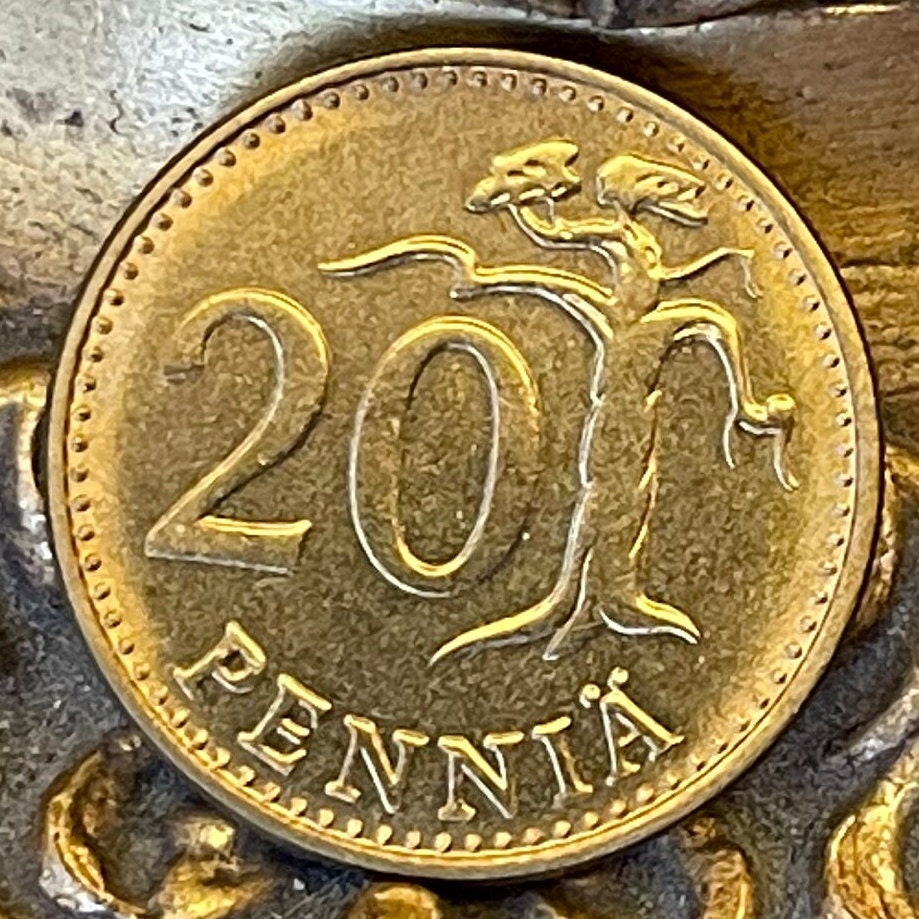 Stylized Tree & Rampant Lion 20 Penniä Finland Authentic Coin Money for Jewelry and Craft Making