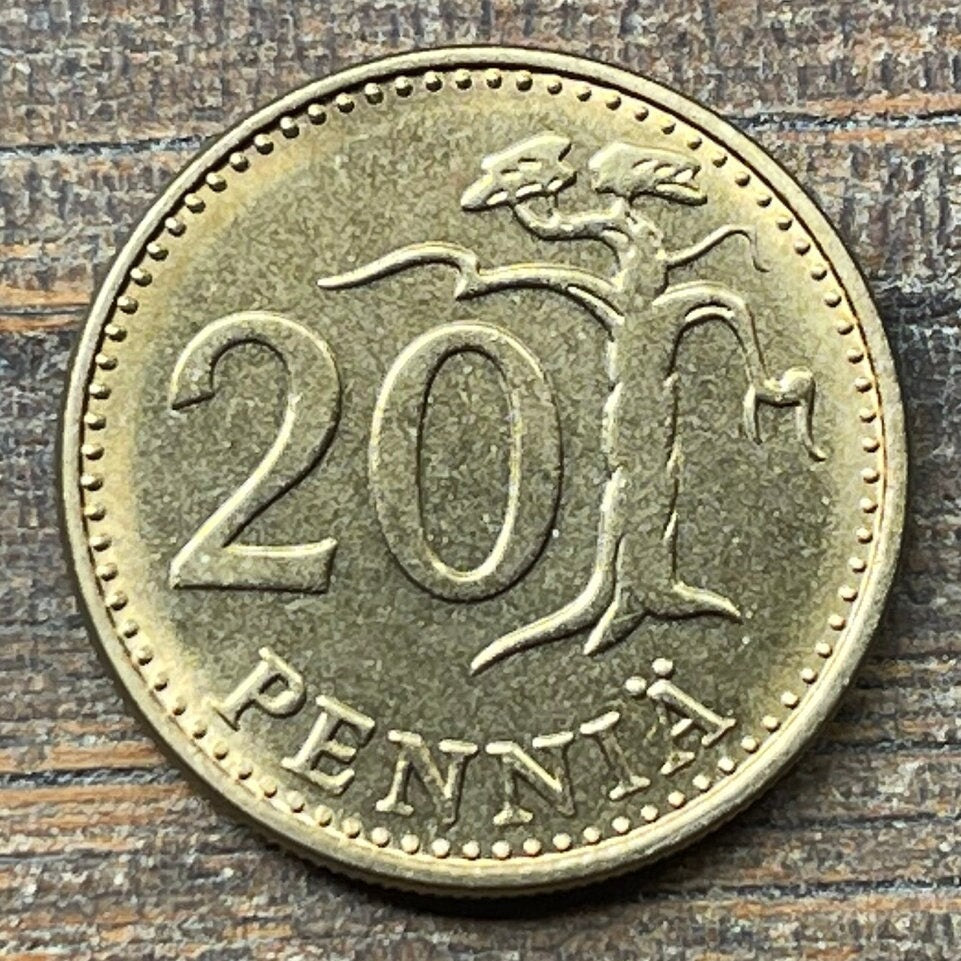 Stylized Tree & Rampant Lion 20 Penniä Finland Authentic Coin Money for Jewelry and Craft Making