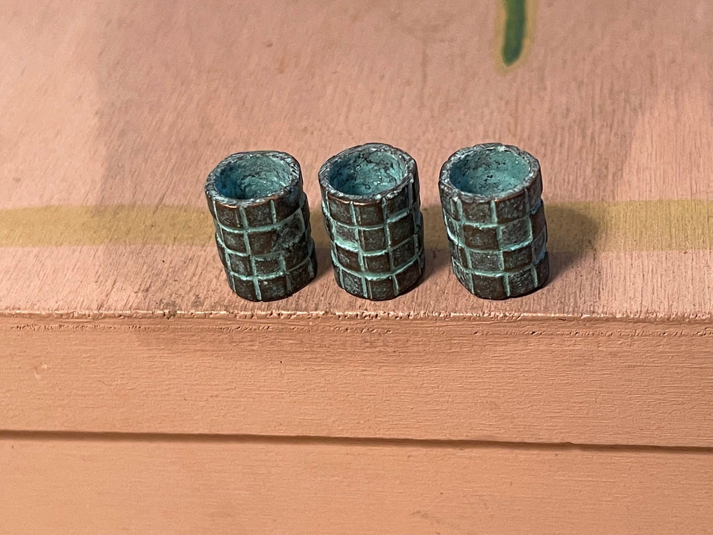 Big hole tube Beads - checkered barrel relief design (lot of 2 or 6) large copper plated green patina findings handcrafted in Mykonos Greece