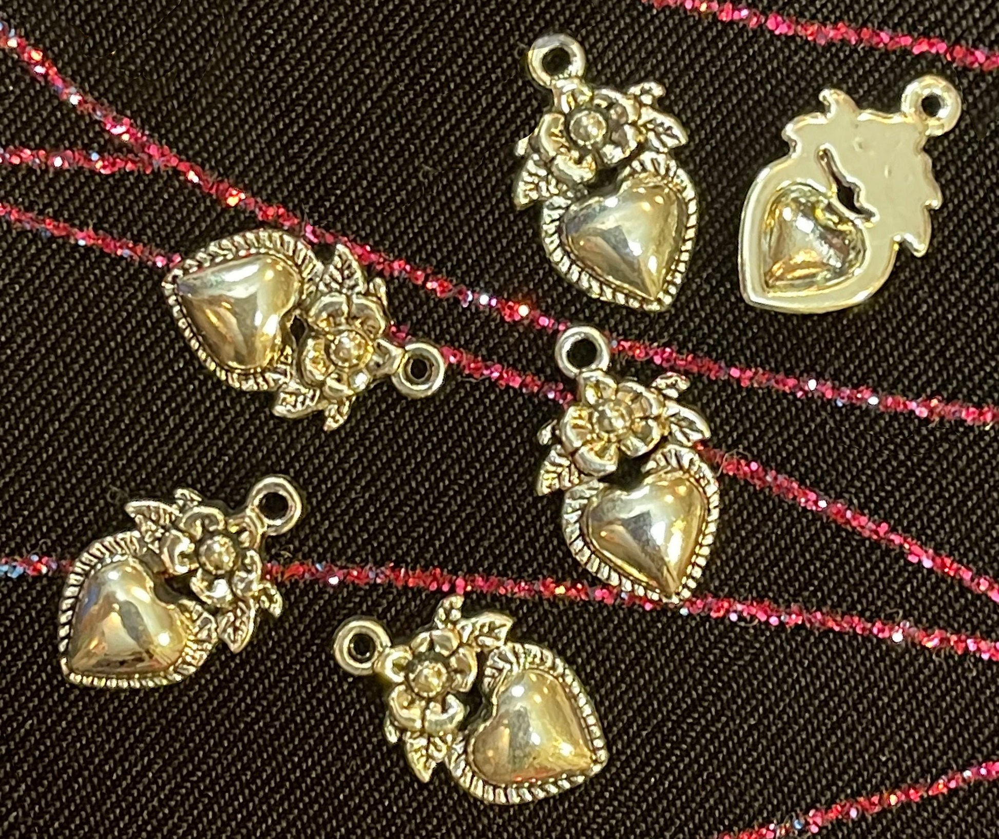 Antique silver sacred heart and flower charms - 18 x 11 mm - romantic heart, floral w/ leaves, choose two or six charms –pendant charm drop