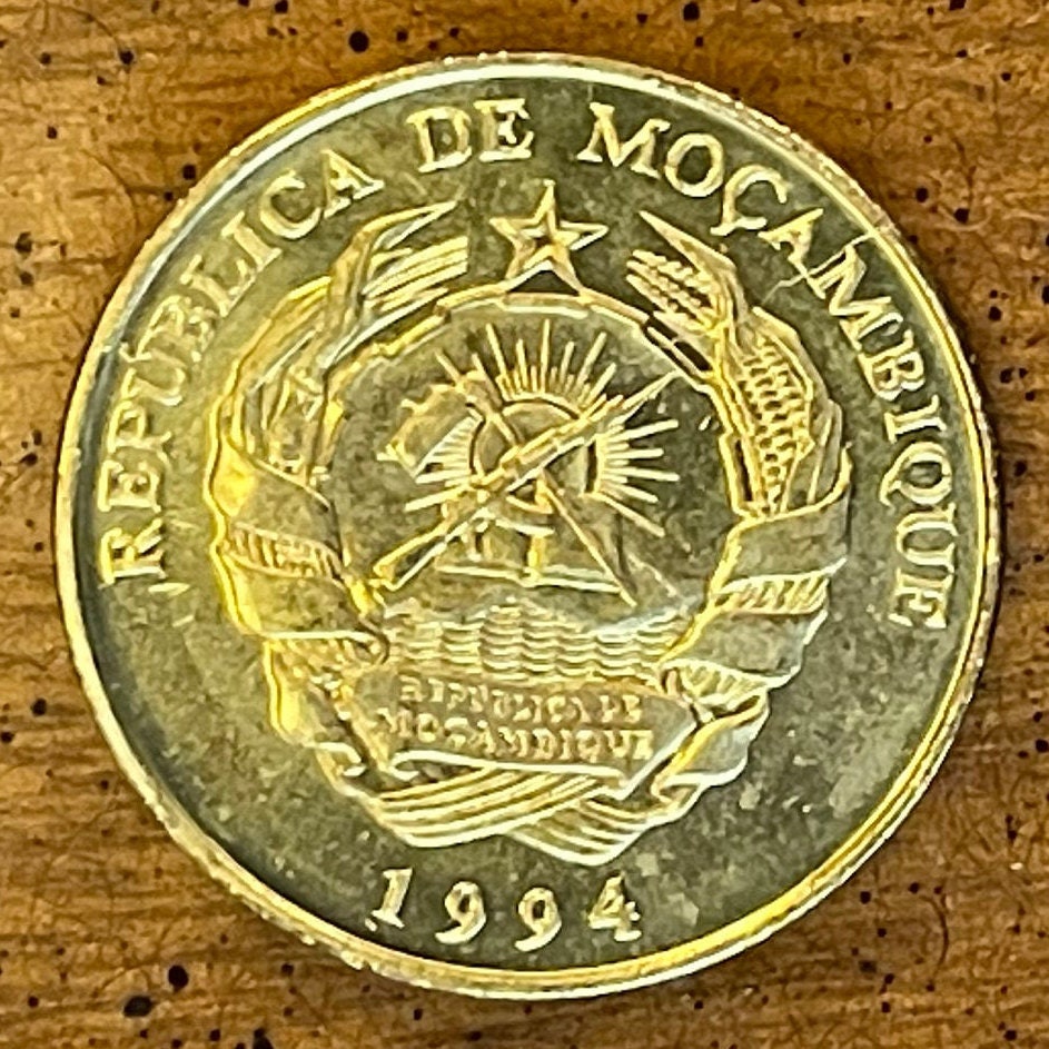 Cotton Plant & AK-47 10 Meticais Mozambique Authentic Coin Money for Jewelry and Craft Making (1994)