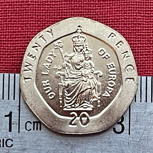 Our Lady of Europa with Crowned Christ Child 20 Pence Gibraltar Authentic Coin Money for Jewelry (Virgin Mary) (Heptagonal Coin) (Easter)