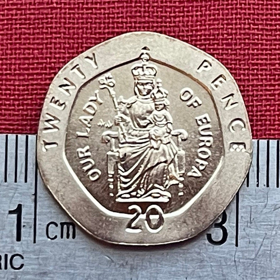 Our Lady of Europa with Crowned Christ Child 20 Pence Gibraltar Authentic Coin Money for Jewelry (Virgin Mary) (Heptagonal Coin) (Easter)