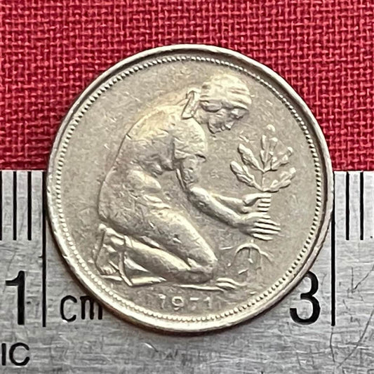 Trümmerfrau Plants Oak Seedling 50 Pfennig Germany Authentic Coin Money for Jewelry (Rubble Woman) (Post War Rebirth) Used: XFine