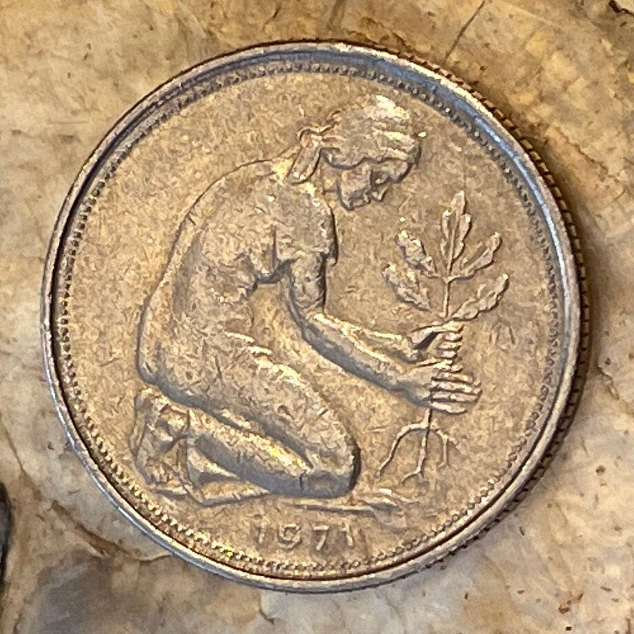 Trümmerfrau Plants Oak Seedling 50 Pfennig Germany Authentic Coin Money for Jewelry (Rubble Woman) (Post War Rebirth) Used: XFine