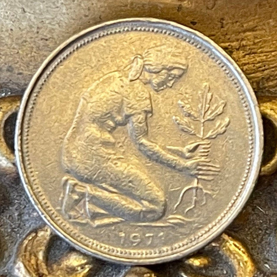 Trümmerfrau Plants Oak Seedling 50 Pfennig Germany Authentic Coin Money for Jewelry (Rubble Woman) (Post War Rebirth) Used: XFine