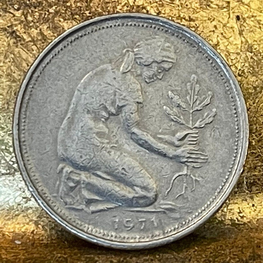Trümmerfrau Plants Oak Seedling 50 Pfennig Germany Authentic Coin Money for Jewelry (Rubble Woman) (Post War Rebirth) Used: XFine