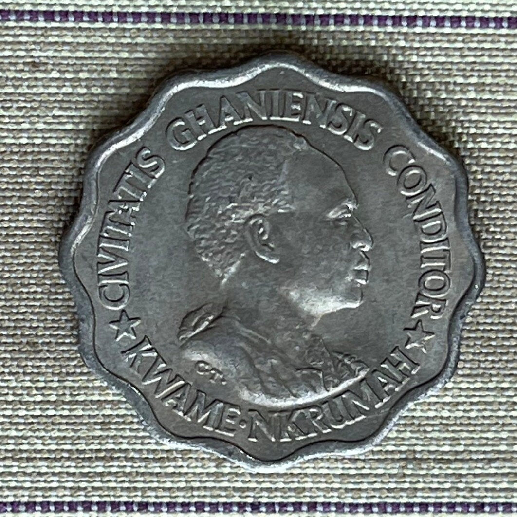 Kwame Nkrumah & Black Star of Africa 5 Pesewas Ghana Authentic Coin Charm for Jewelry (Scalloped Coin) (Superstar) Used: XFine-AU