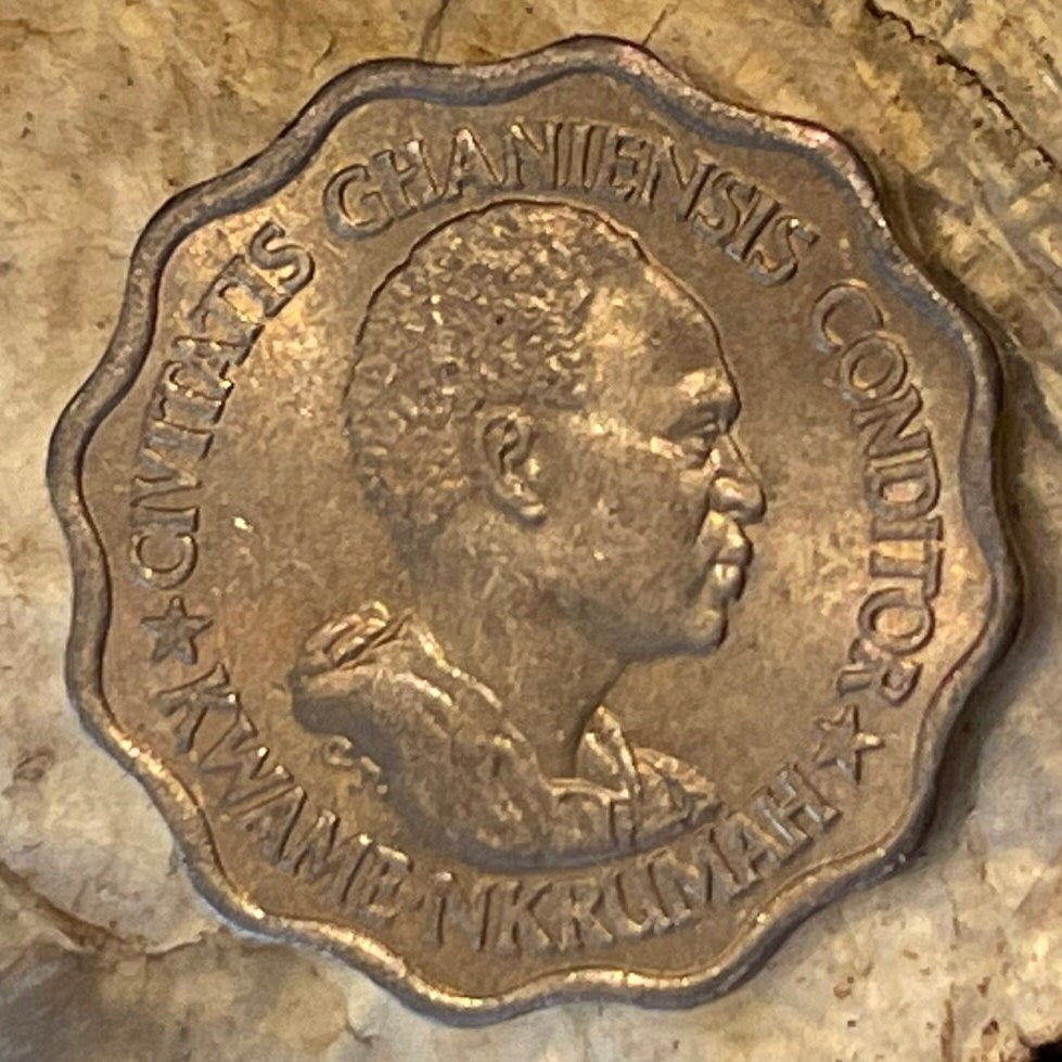 Kwame Nkrumah & Black Star of Africa 5 Pesewas Ghana Authentic Coin Charm for Jewelry (Scalloped Coin) (Superstar) Used: XFine-AU