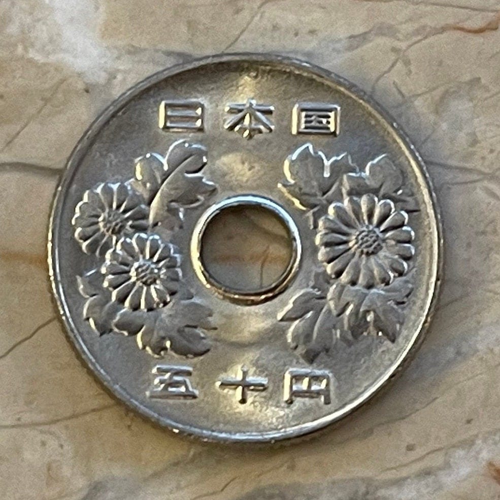 Chrysanthemums 50 Yen Japan Authentic Coin Money for Jewelry and Craft Making (Hole in Coin) (Imperial Family) (Kiku) (Longevity) (Nobility)