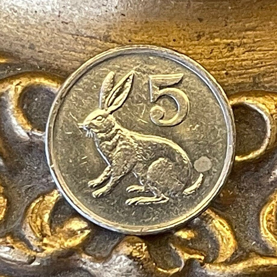 Scrub Hare & Great Zimbabwe Bird 5 Cents Zimbabwe Authentic Coin Money for Jewelry and Craft Making (Rabbit) (Bunny) (Easter Bunny)