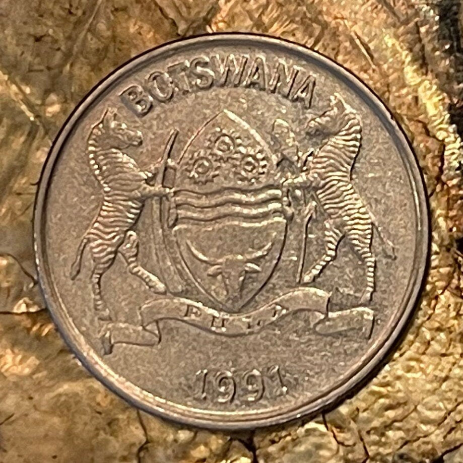 Zebu 25 Thebe Botswana Authentic Coin Money for Jewelry and Craft Making (Rain) (Racial Harmony) (Pula) (Self Sufficiency) (Taurus)