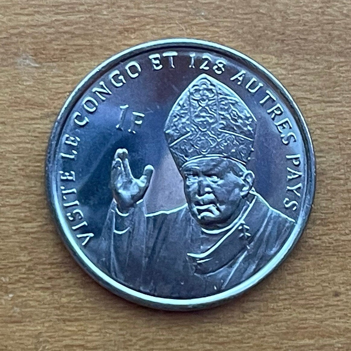 Saint John Paul II & Lion Congo 1 Franc Authentic Coin Money for Jewelry and Craft Making (Zaire) (Pope John Paul II) (2004)