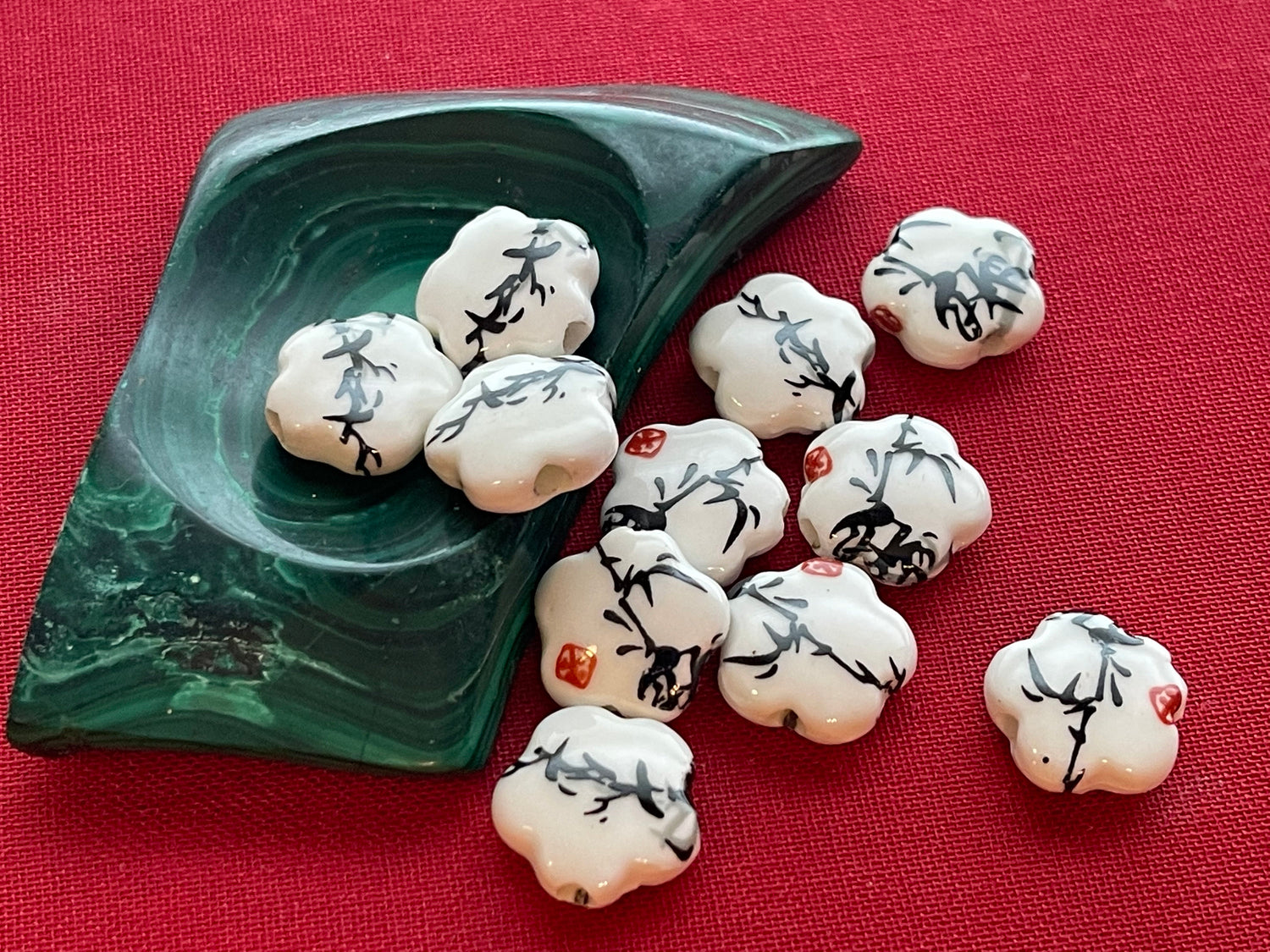 Printed flower-shaped porcelain beads (white with black sumi-e ink bamboo foliage and red seal)–big chunky large hole (lot of 6 or 12 )