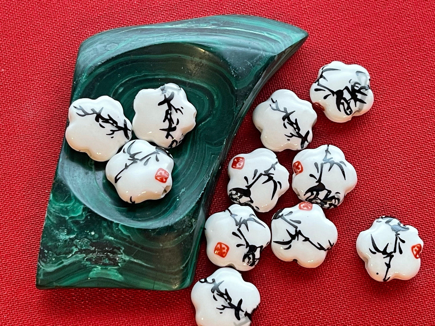 Printed flower-shaped porcelain beads (white with black sumi-e ink bamboo foliage and red seal)–big chunky large hole (lot of 6 or 12 )