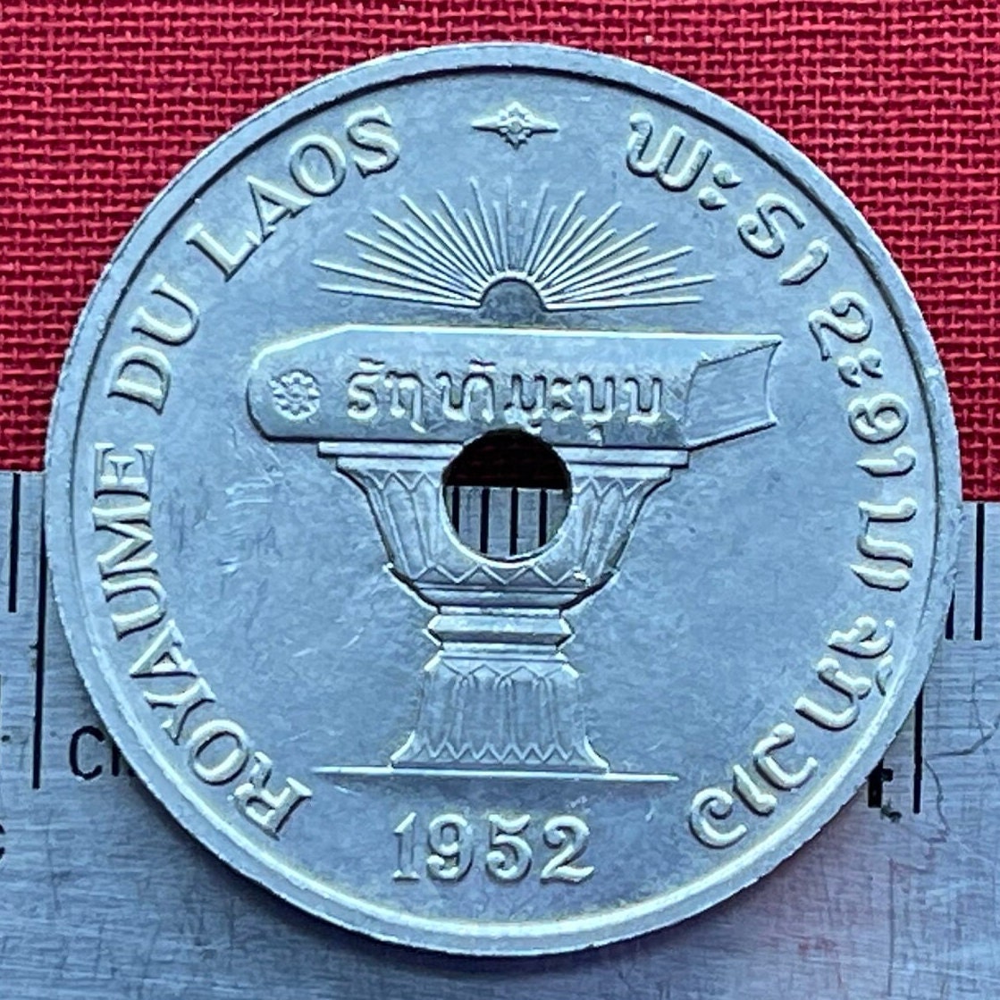 Lotus Blossom of Emptiness & Constitution Book atop Almsgiving Bowl 50 Cents Laos Authentic Coin Money for Jewelry (Empty Hole in Coin) 1952