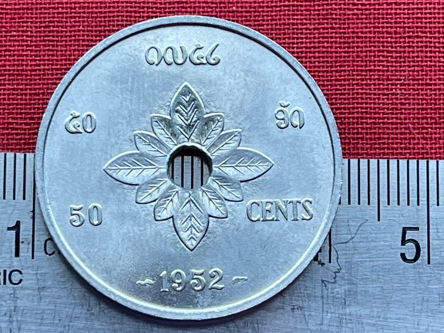 Constitution Book atop Buddhist Almsgiving Bowl 50 Cents Laos Authentic Coin Money for Jewelry (Hole) (Lotus) (Om Enlightenment Symbol) 1952