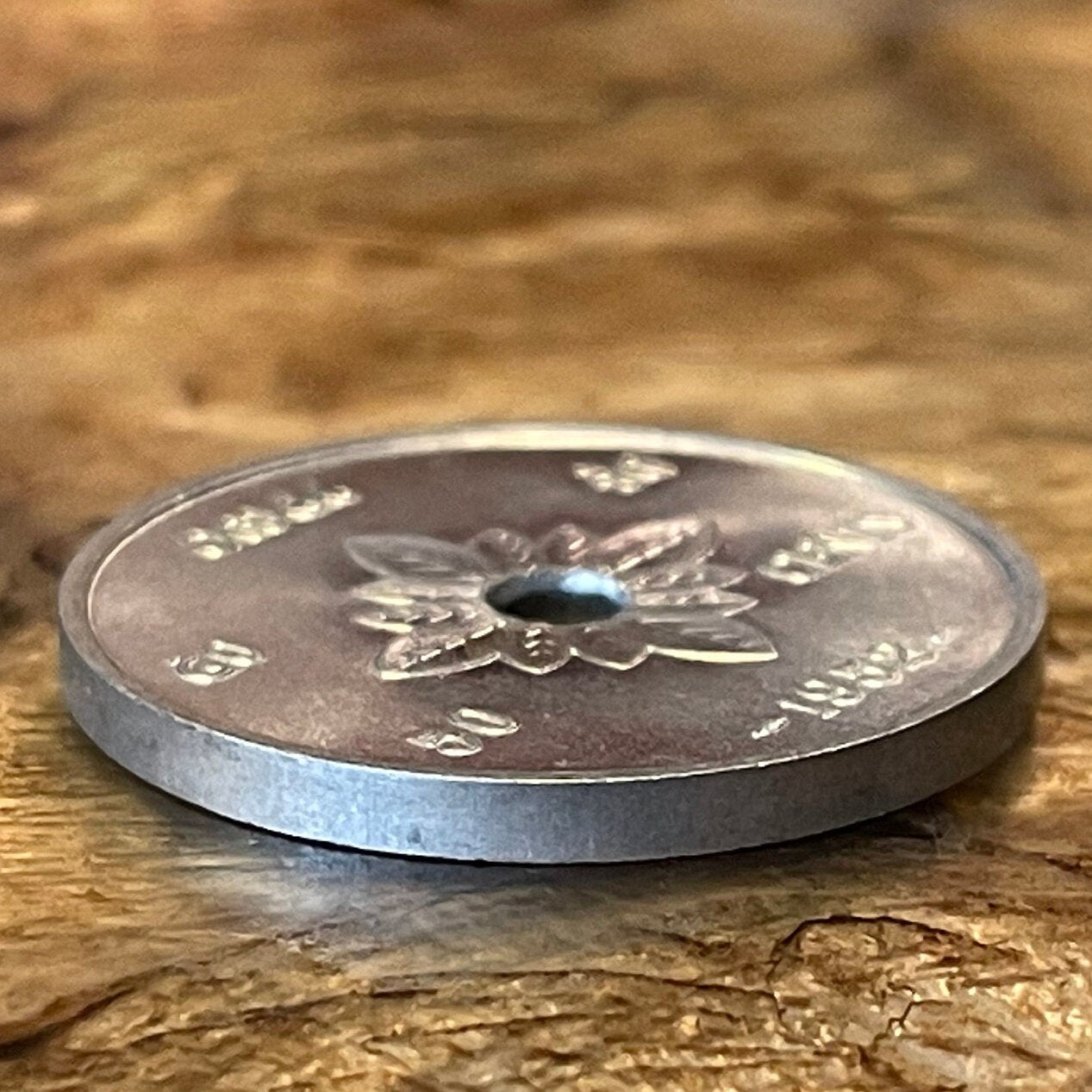 Lotus Blossom of Emptiness & Constitution Book atop Almsgiving Bowl 50 Cents Laos Authentic Coin Money for Jewelry (Empty Hole in Coin) 1952