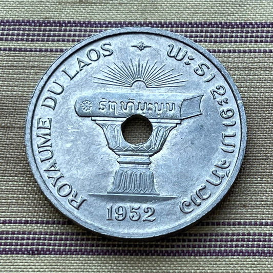Constitution Book atop Buddhist Almsgiving Bowl 50 Cents Laos Authentic Coin Money for Jewelry (Hole) (Lotus) (Om Enlightenment Symbol) 1952