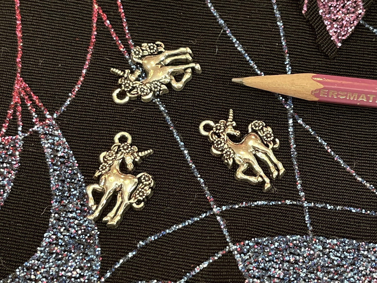 Unicorn and Pegasus charms (flying horse) (mythical beast) Magic Unicorn has horn and flowers in mane, Perseus's mount in flight (pendants)
