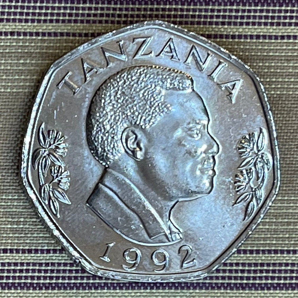 Elephant Mother and Baby & President Mwinyi 20 Shilingi Tanzania Authentic Coin Money for Jewelry and (Elephant Calf) 1992 (Heptagonal)