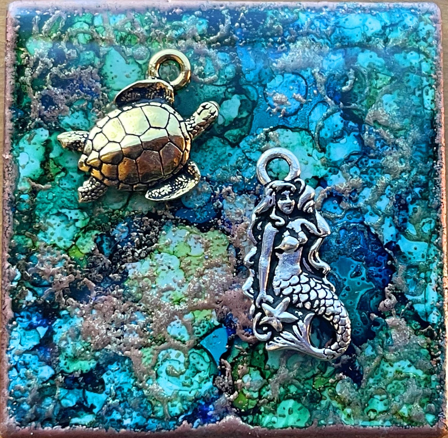 Mermaid and sea turtle Tierracast charm set–choice or both–silver or gold plated pewter–beautiful premium charms, pendants for jewelry
