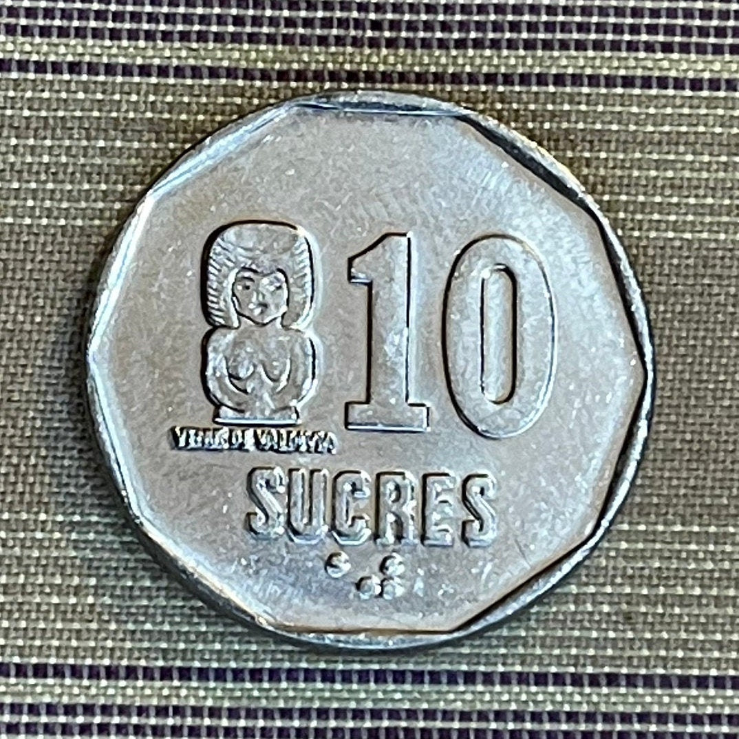 Venus of Valdivia 10 Sucres Ecuador Authentic Coin Money for Jewelry and Craft Making (Pre-Columbian) 1991 (Goddess)