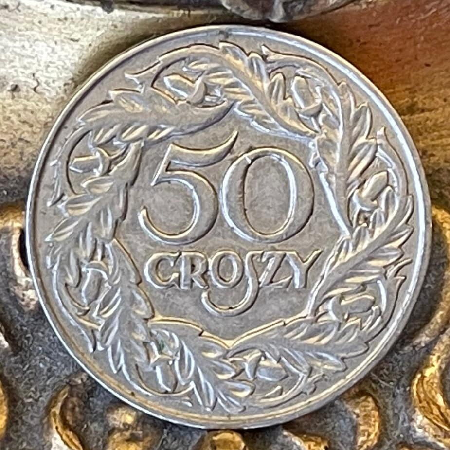 Crowned White Eagle 1923 50 Groszy Poland Authentic Coin Money for Jewelry and Craft Making (Second Polish Republic)