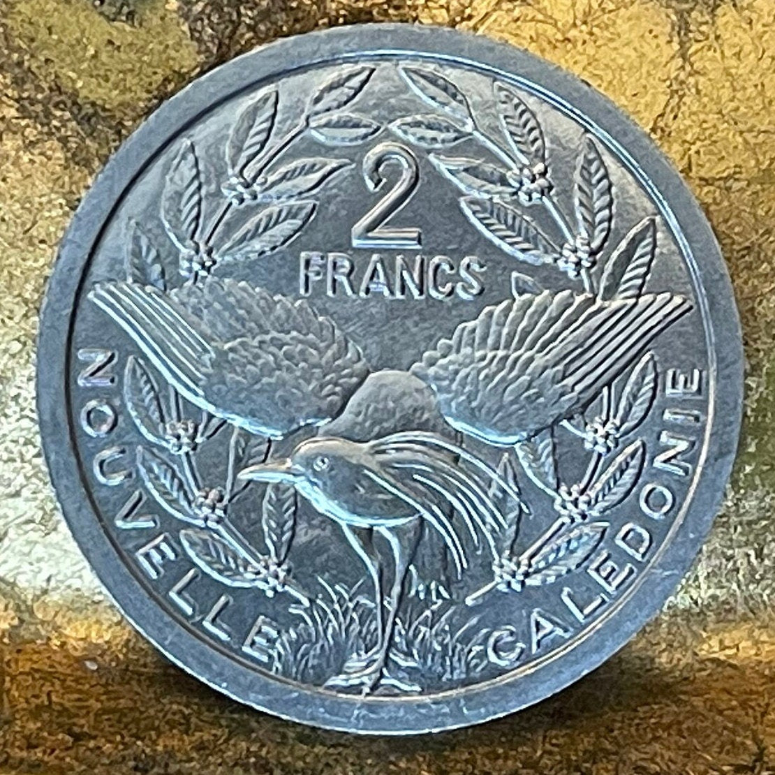 Kagu Bird & Liberty on Throne 2 Francs New Caledonia Authentic Coin Money for Jewelry and Craft Making (South Pacific Islands)