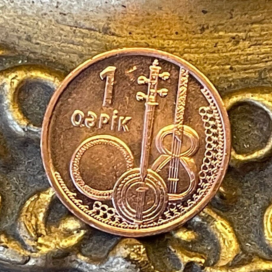 Ghaval Drum, Tar Lute, Kamancha Fiddle 1 Qapik Azerbaijan Authentic Coin Money for Jewelry (Traditional Azeri Mugham Musical Instruments)