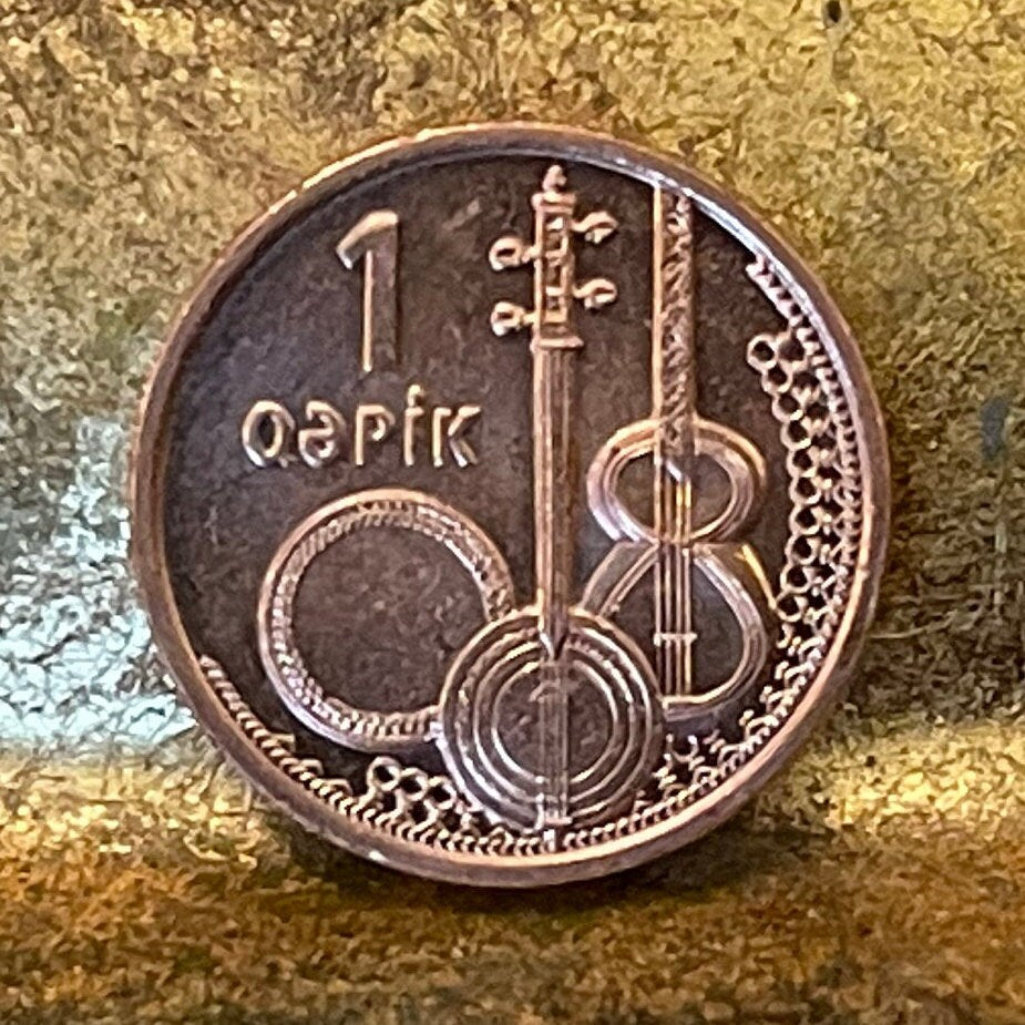 Ghaval Drum, Tar Lute, Kamancha Fiddle 1 Qapik Azerbaijan Authentic Coin Money for Jewelry (Traditional Azeri Mugham Musical Instruments)