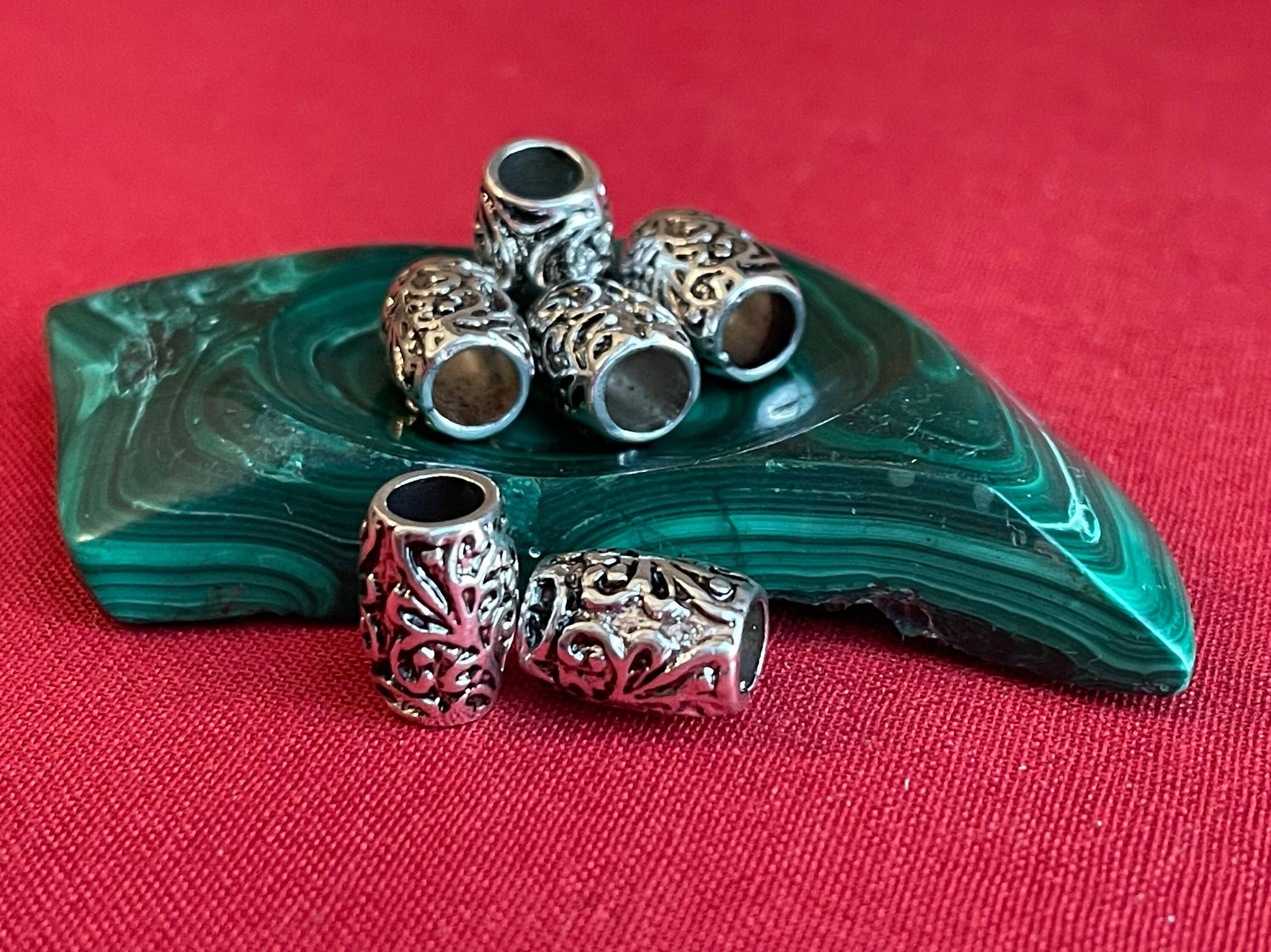 Bali Beads (BIG) baroque floral barrel design (lot of 6 or 12) – Repoussé-style jewelry supply–large 5mm hole spacer bead in antique silver