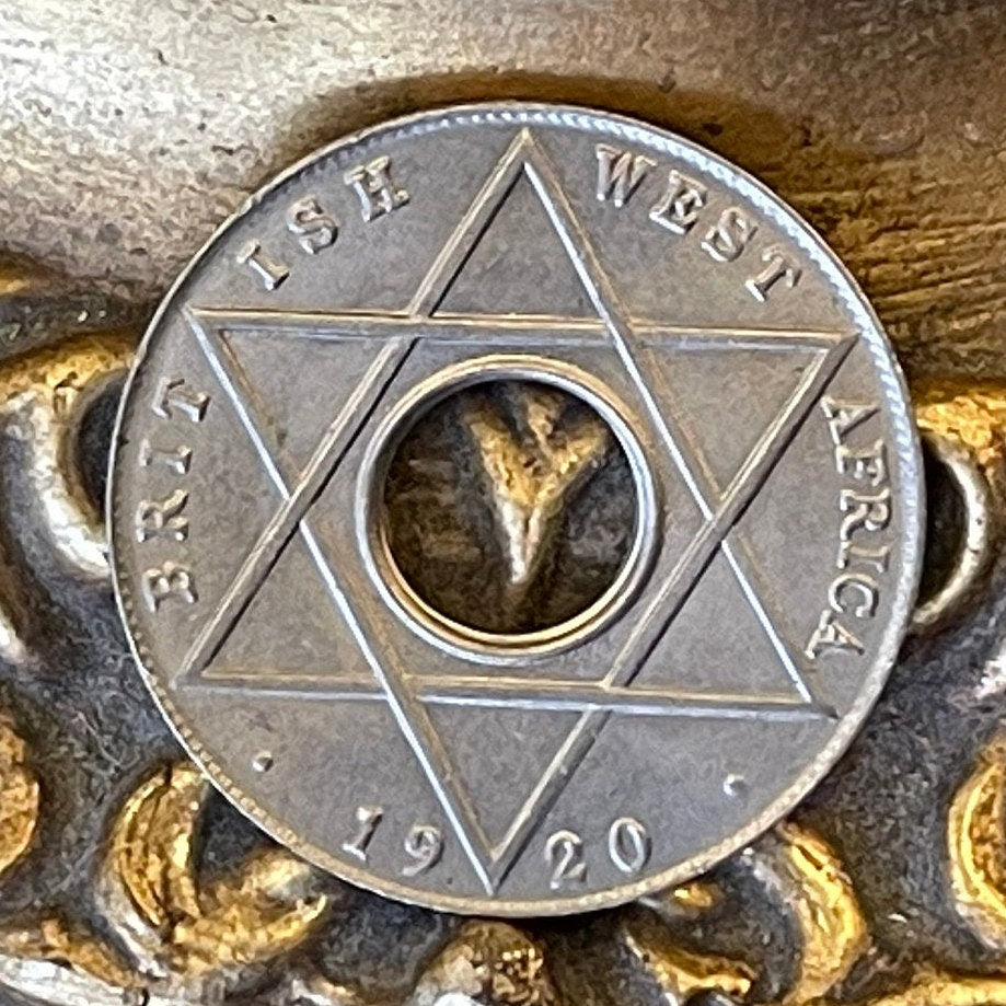 Hexagram Star & George V Crown with Hole 1/10th Penny British West Africa Authentic Coin Money for Jewelry (King George) (Six-Pointed Star)