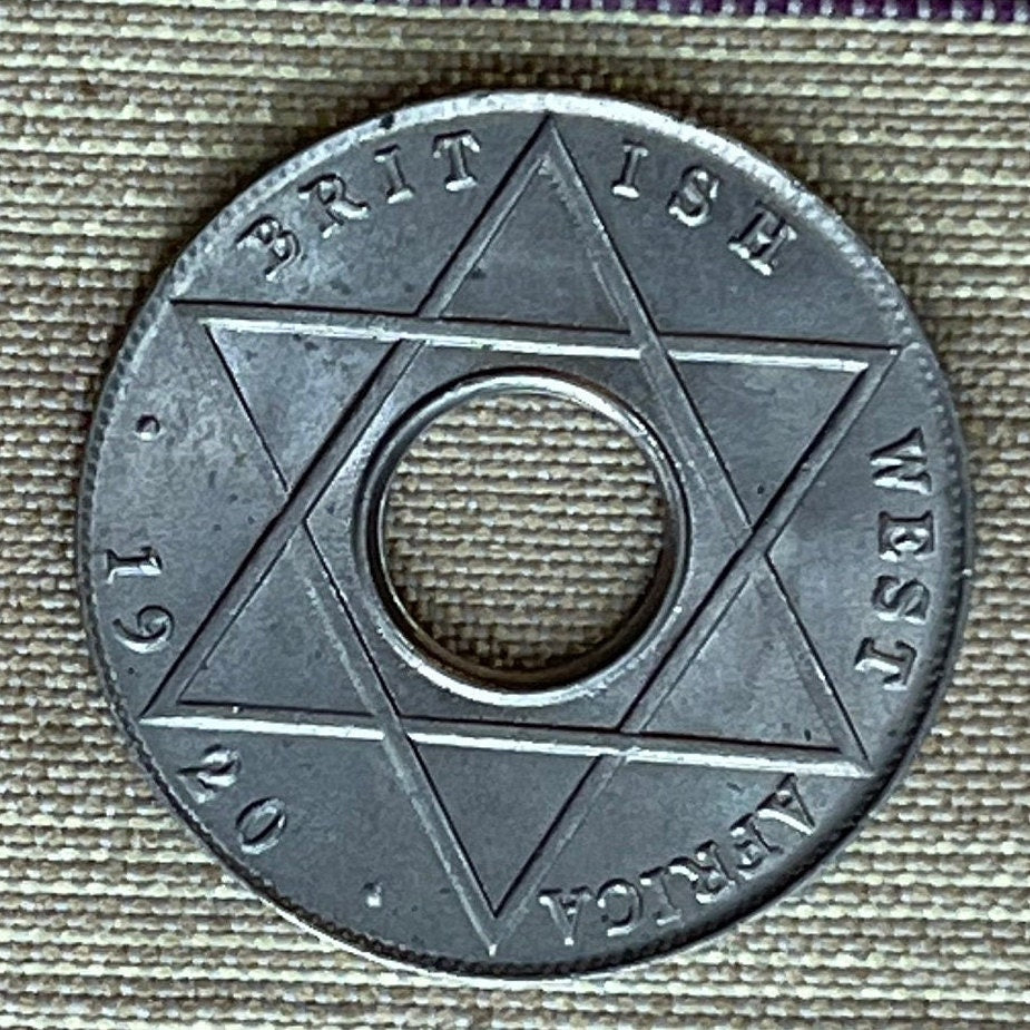 Hexagram Star & George V Crown with Hole 1/10th Penny British West Africa Authentic Coin Money for Jewelry (King George) (Six-Pointed Star)