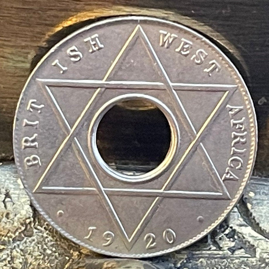 Hexagram Star & George V Crown with Hole 1/10th Penny British West Africa Authentic Coin Money for Jewelry (King George) (Six-Pointed Star)