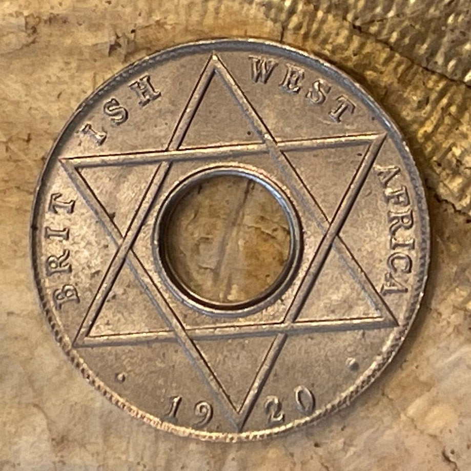 Hexagram Star & George V Crown with Hole 1/10th Penny British West Africa Authentic Coin Money for Jewelry (King George) (Six-Pointed Star)