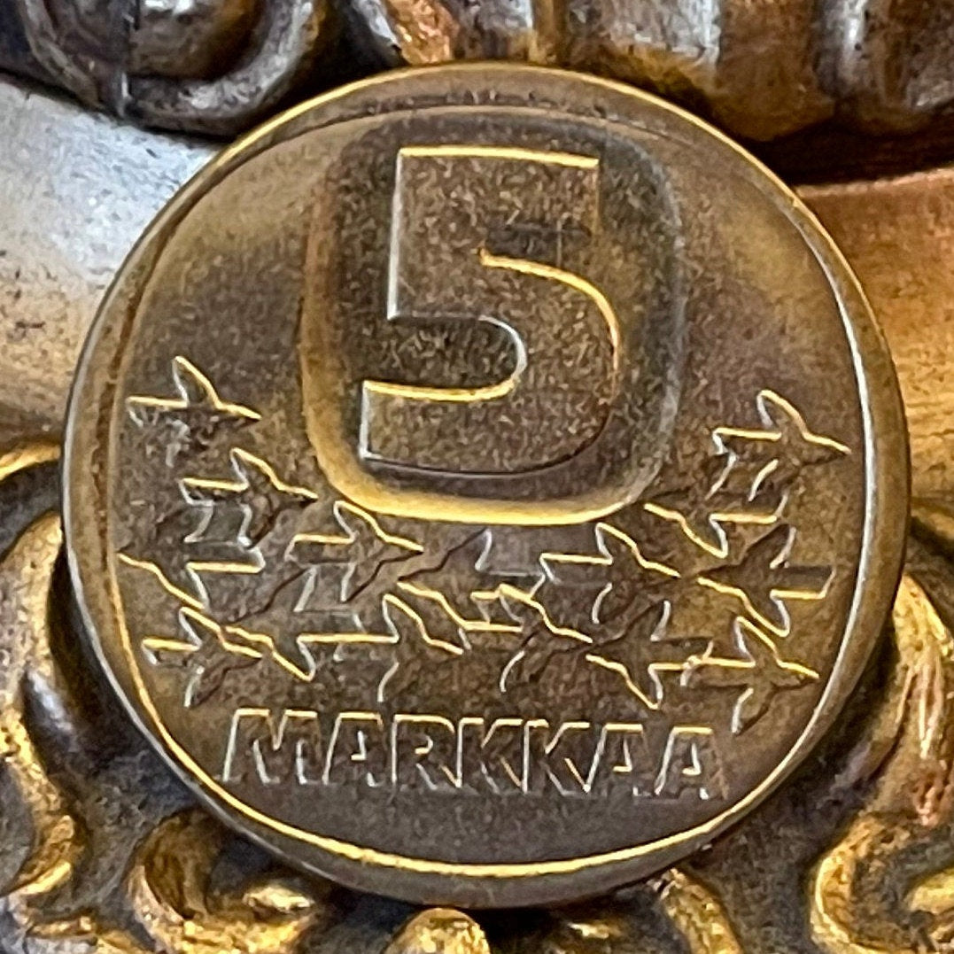Flock of Birds & Icebreaker Urho 5 Markkaa Finland Authentic Coin Money for Jewelry and Craft Making (Urho Kekkonen) (Arctic)