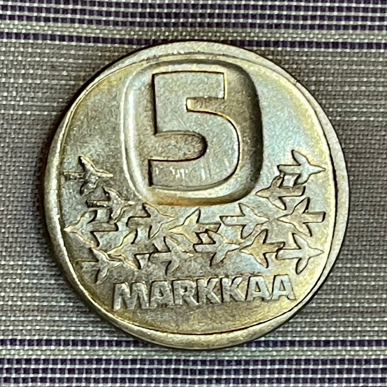 Flock of Birds & Icebreaker Urho 5 Markkaa Finland Authentic Coin Money for Jewelry and Craft Making (Urho Kekkonen) (Arctic)