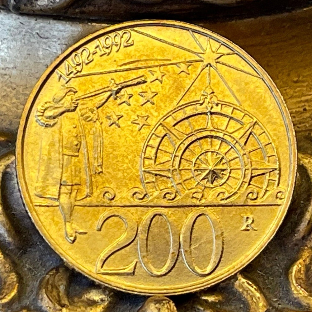 Columbus with Telescope, Compass and Stars 200 Lire San Marino Authentic Coin Money for Jewelry (Discovery of America) (1992) (Navigation)