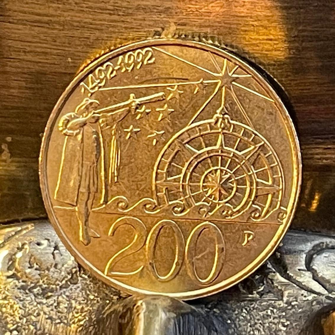 Columbus with Telescope, Compass and Stars 200 Lire San Marino Authentic Coin Money for Jewelry (Discovery of America) (1992) (Navigation)
