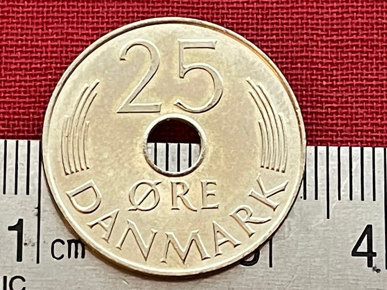 Queen Margrethe II Monogram & Oak Branch 25 Ore Denmark Authentic Coin Money for Jewelry and Craft Making (Hole in Coin)